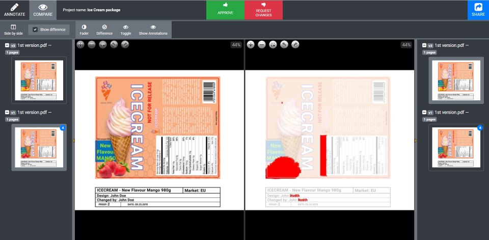 A screenshot of Approval Studio's review tool in Compare Mode.
