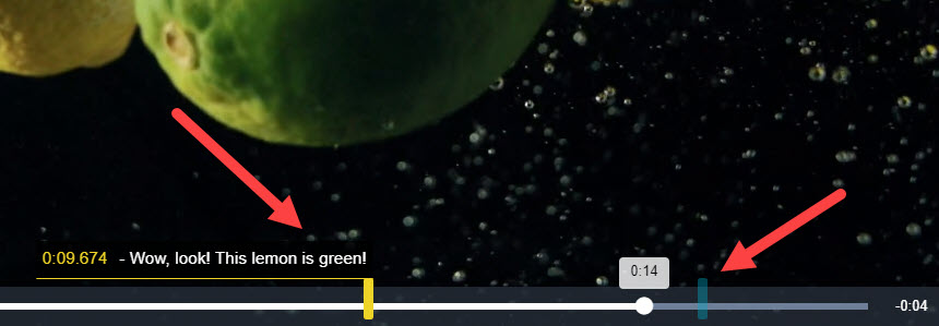 Hidhlight dashes on the playback bar with annotation "Wow, look! This lemon is green!