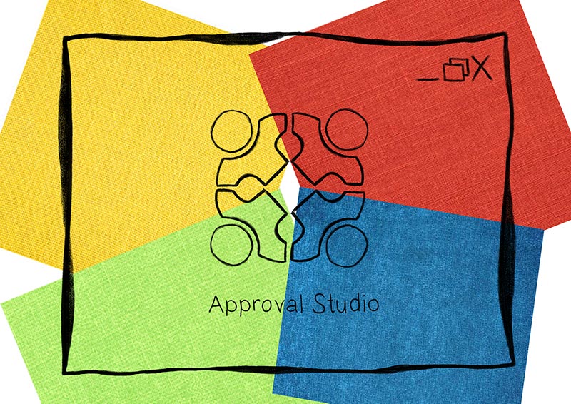 Approval Studio logo sketch on yellow, blue, read and green background