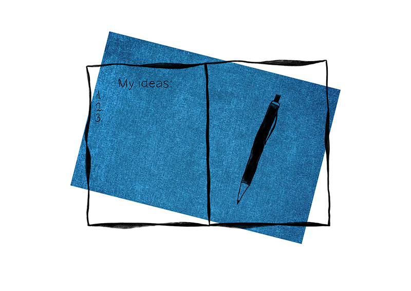 Notebook with "My ideas" sketch drawing on blue background