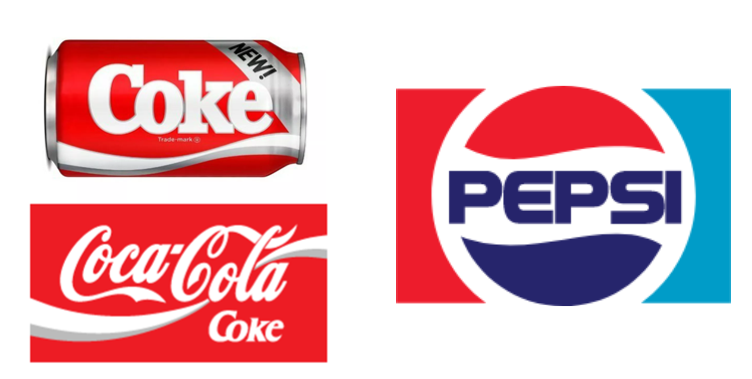 Coca-Cola and Pepsi-Cola logos in the 80s