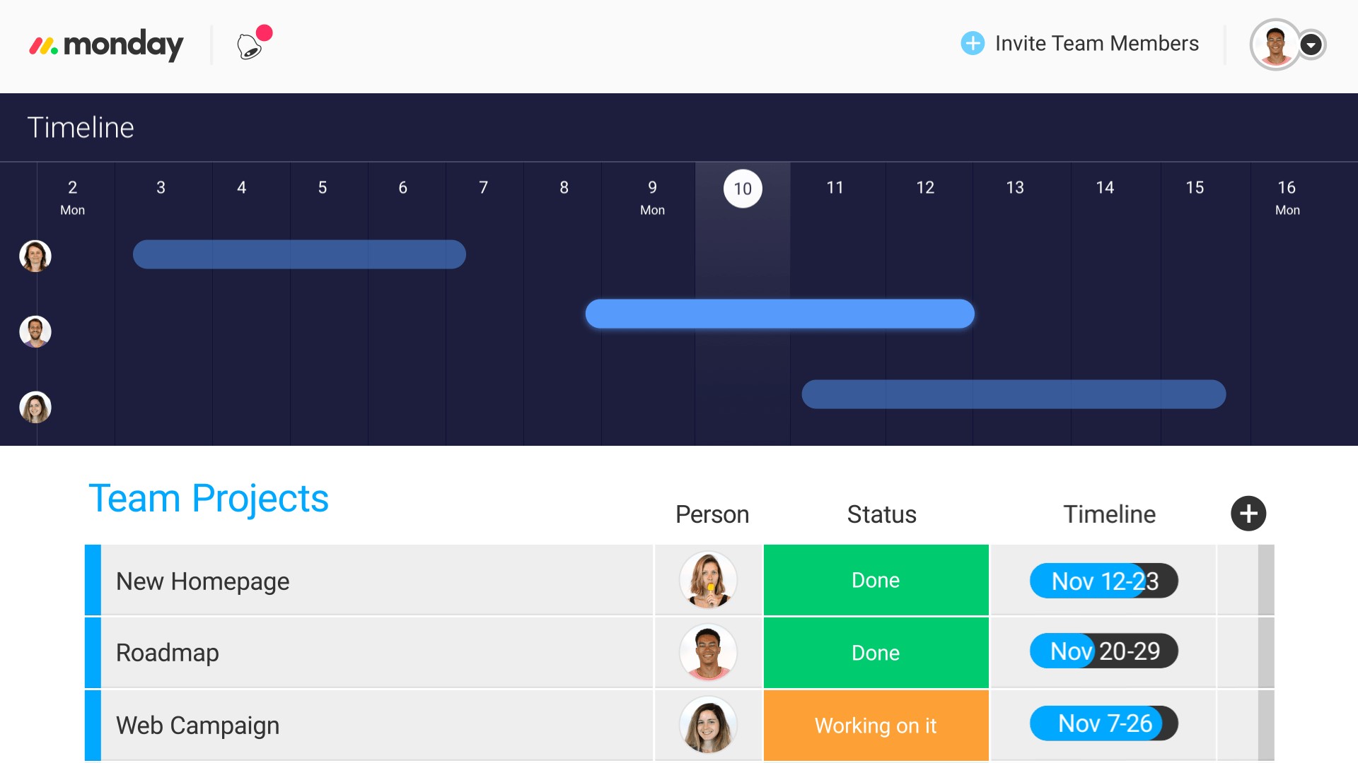 Monday application interface