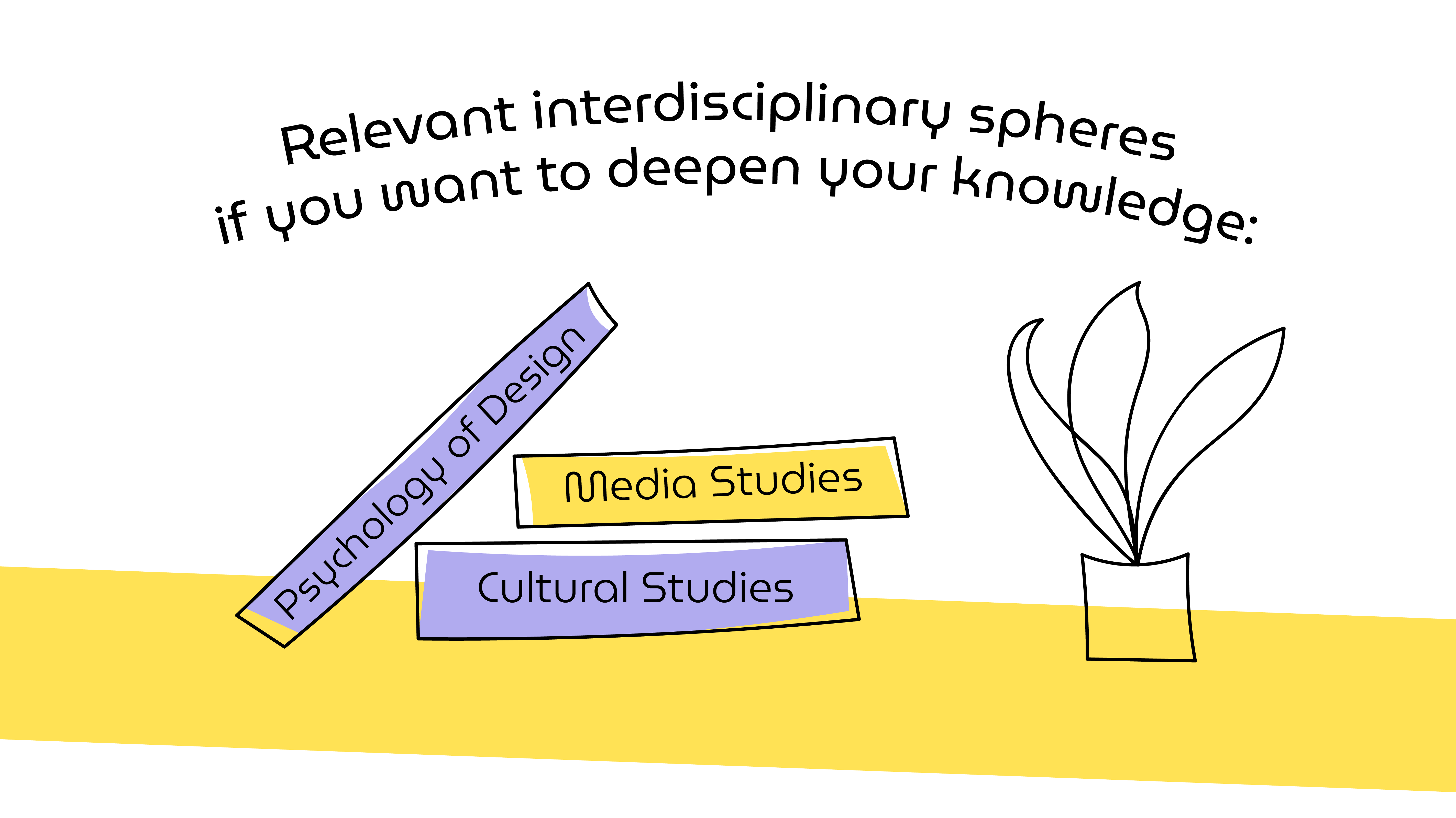An outline illustration of 3 books: Phychology of Design, Media and Cultural Studies.