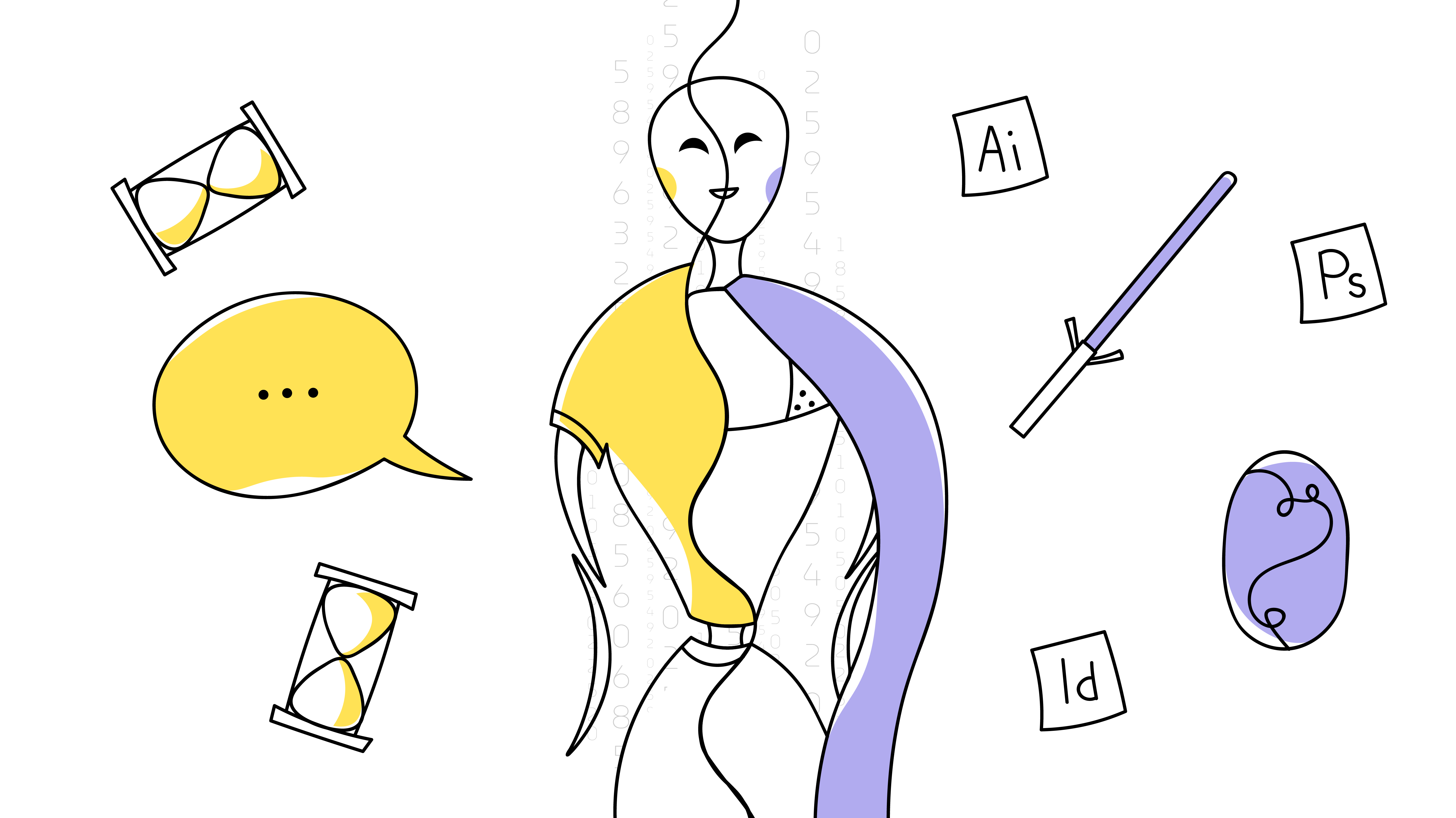 An outline illustration with the AI robot divided in half. One side is yellow and it has in casual clothes (represents soft skills). Another is purple and it has a robe (represents hard skills).