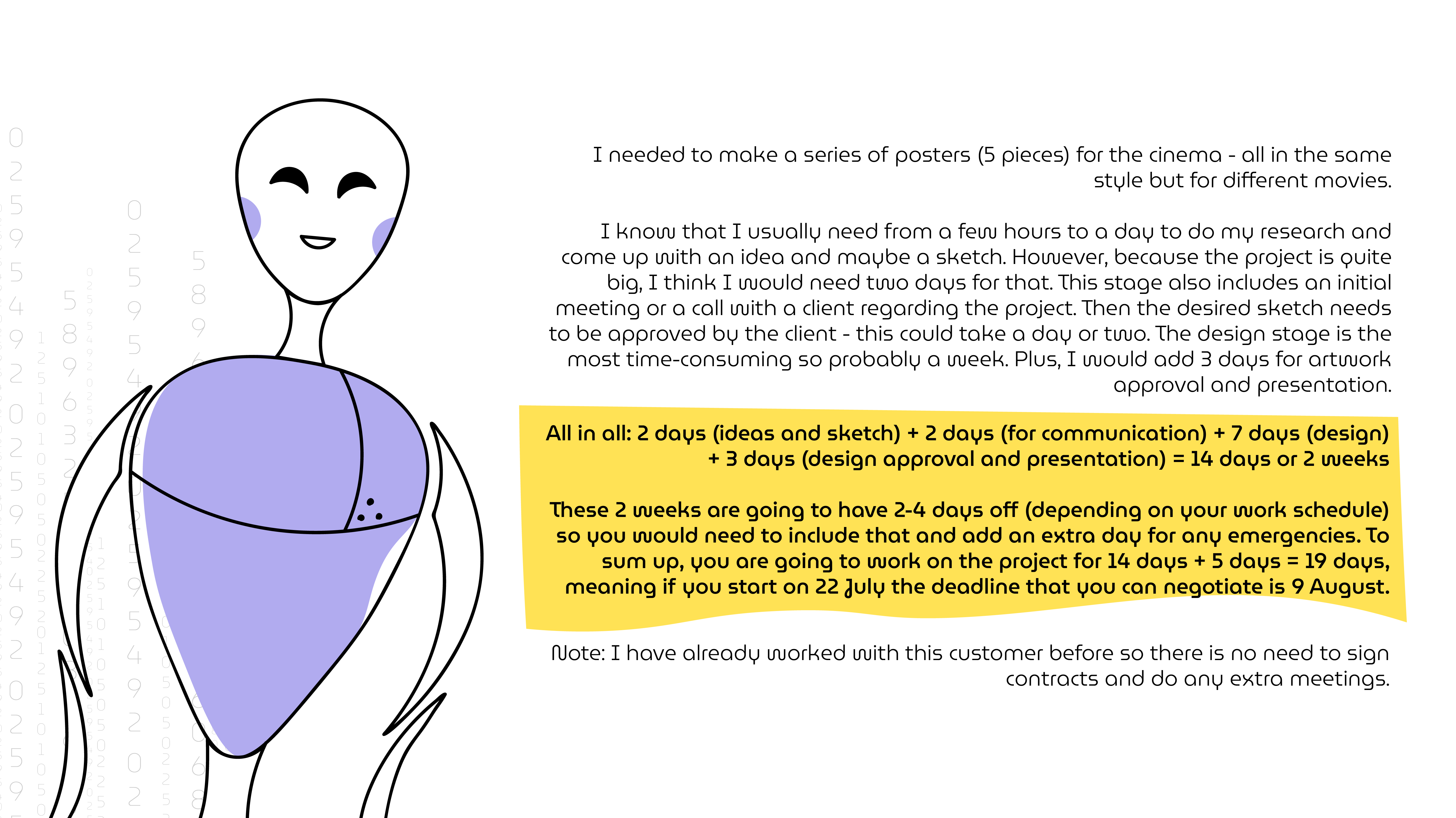 An outline illustration of an AI robot explaining her calculations for the design project. "The total of working days - 14 days. All in all, the project would take 19 days (with weekends and 1 emergency day)".