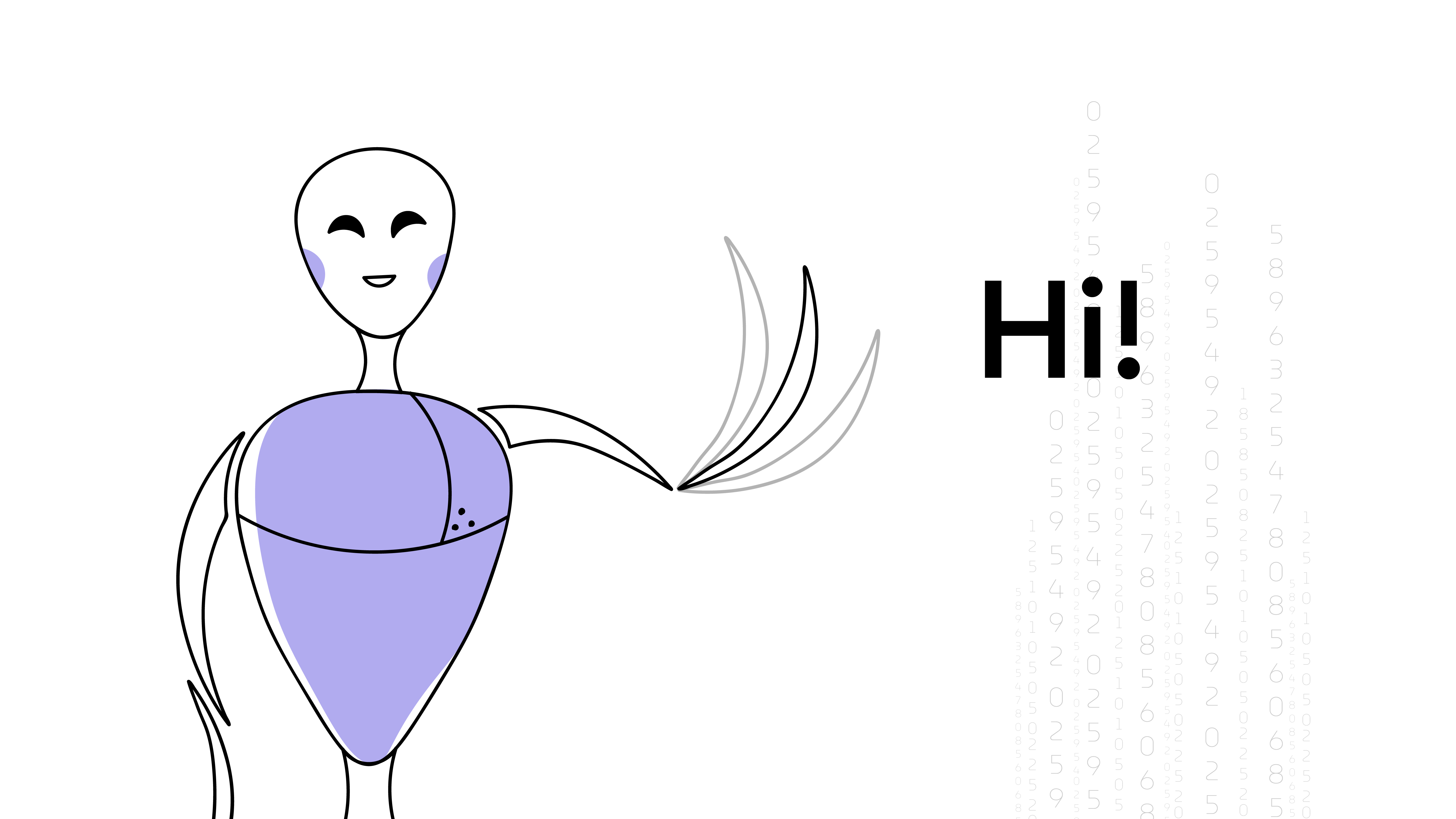 Outline Illustration of an AI robot which is waving and saying "Hi".
