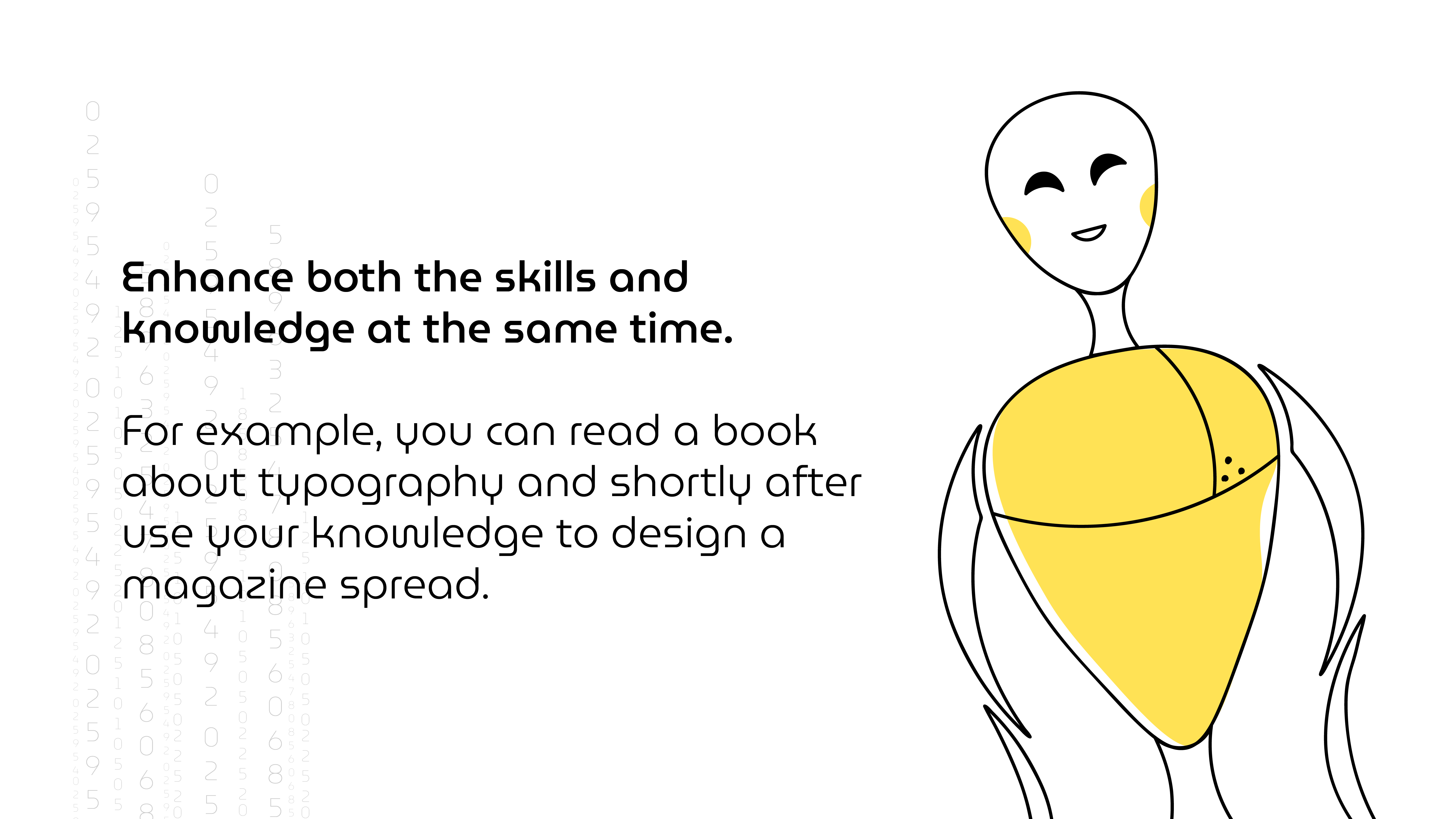 An outline illustration of an AI robot that encourages to "enhance both skills and knowledge at the same time".