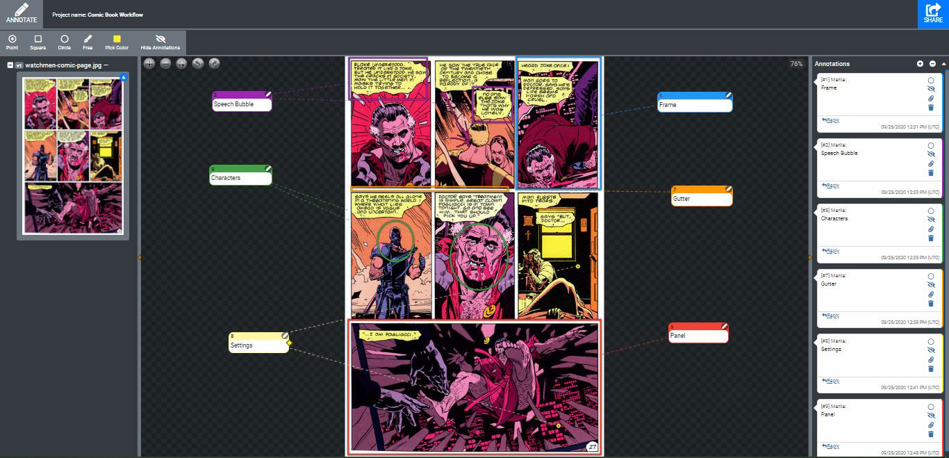 Showing comic spread elements using Approval Studio