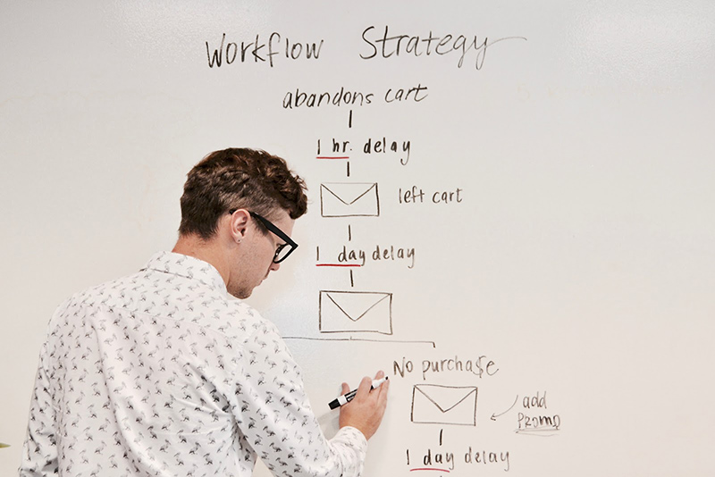 Man writing workflow strategy on the board