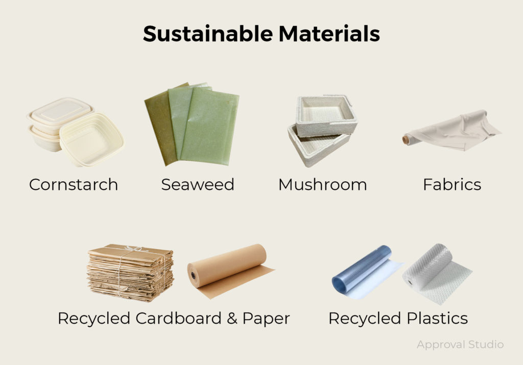 Illustration of examples of sustainable packaging: cornstarch, seaweed, mushroom, fabrics, recycled cardboard and paper, recycled plastics.