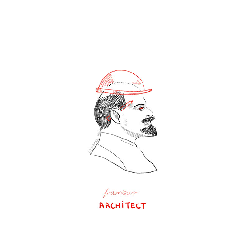 A sketch of vladimir lenin with red architect cap and pen behind his ear and red evil eyes.