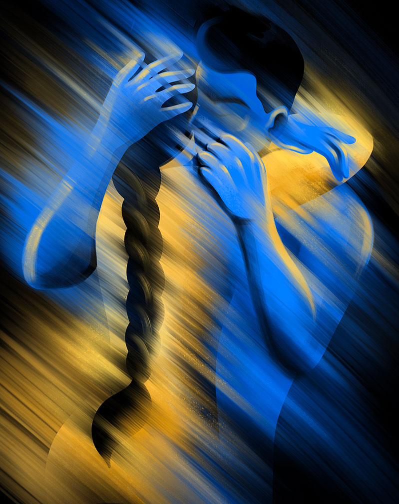 A blue-and-yellow couple hugging each other