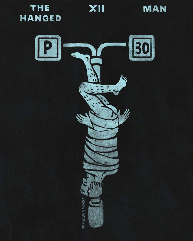 The hanged man variation of the marauder hanging upside down bound with the duct tape to a pillar