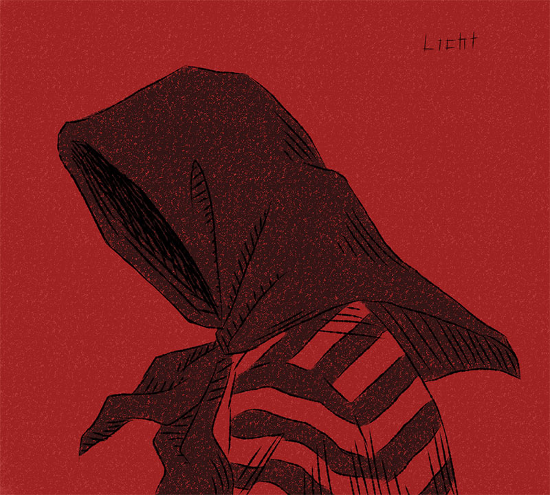 An illustration in red and black of a faceless woman with black headscarf as a symbol of sorrow