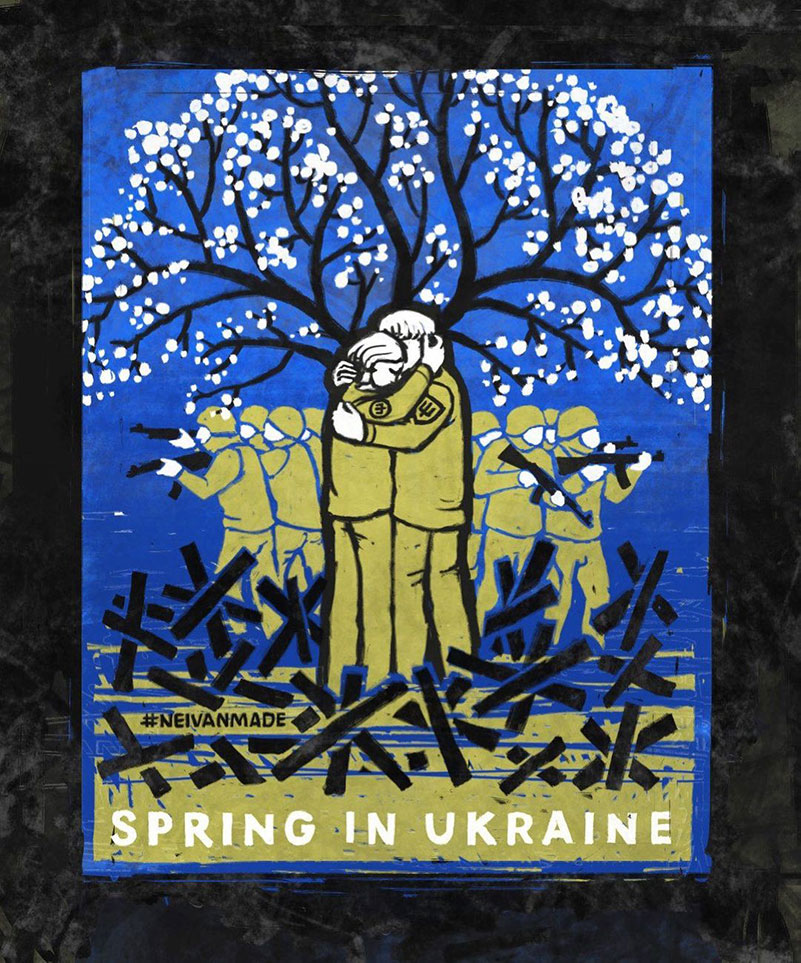 Ukrainian man and woman hugging in front of blossoming spring tree protected by Ukrainian warriors on the background and with Czech hedgehogs scattered around.