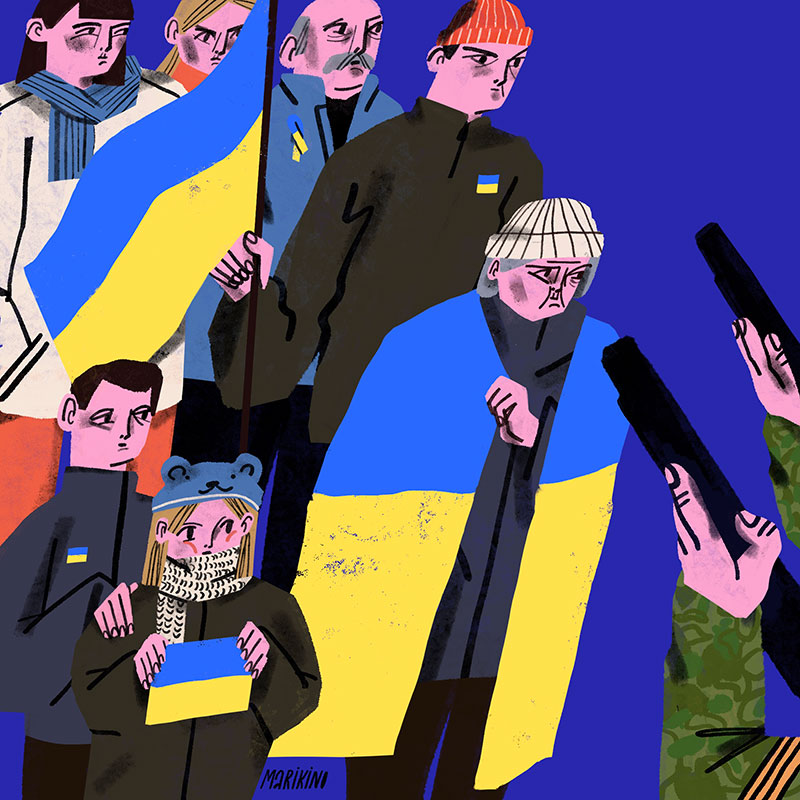 Illustration of Ukrainians defending themselves with bare hands against russian guns