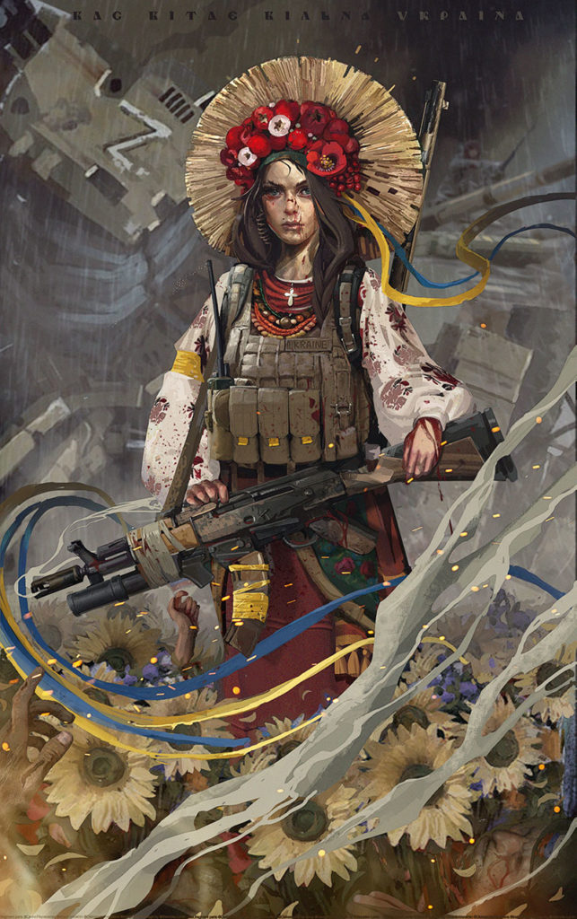A woman in traditional Ukrainian clothing combined with military equipment holding modernized AK. Destroyed russian tech is on the background, down below there are sunflower from where hands of dead occupiers are reaching towards the woman.