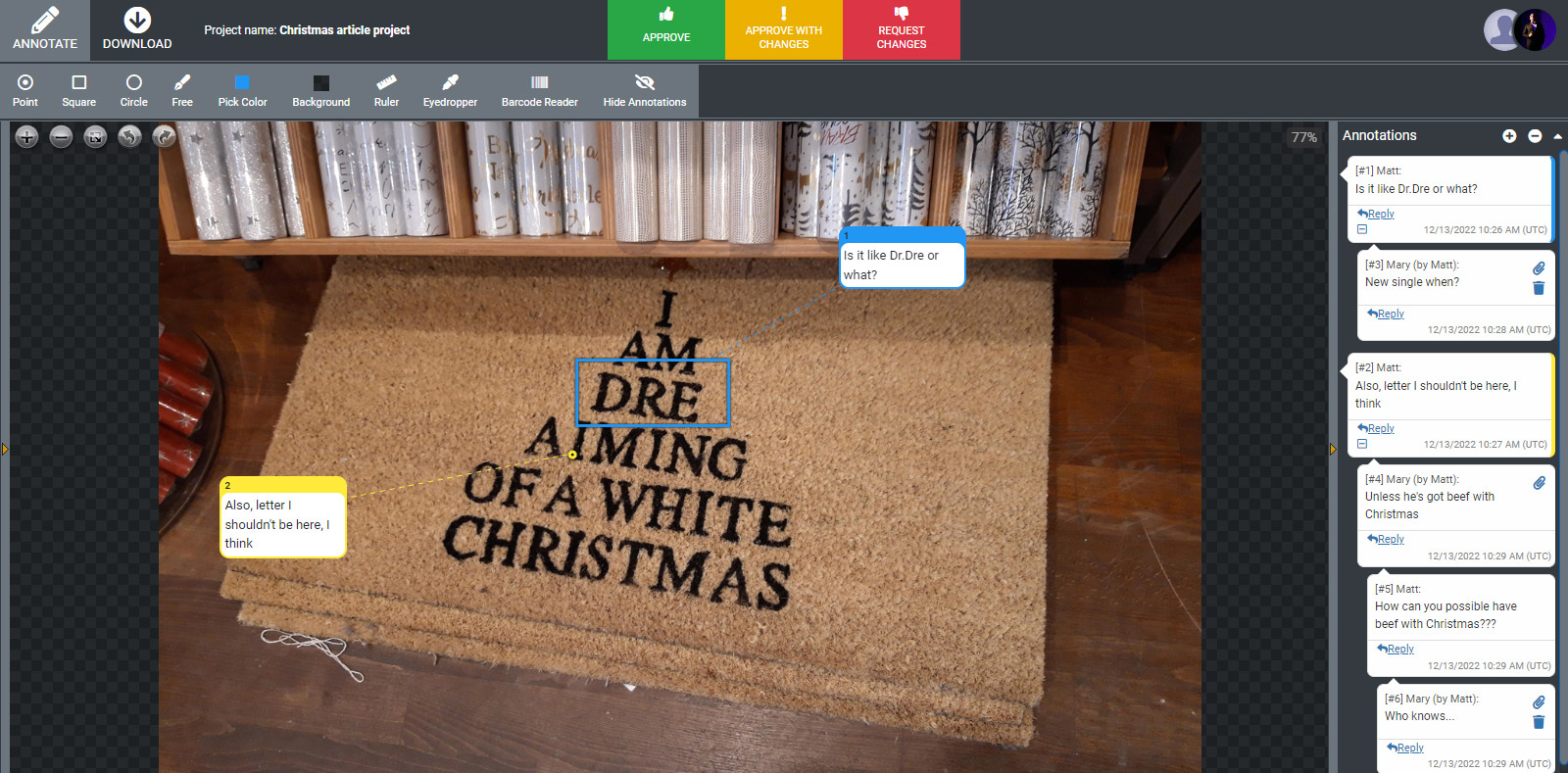 Approval Studio review tool with the doormat with a spelling mistake saying "Dre aiming" instead of "dreaming"