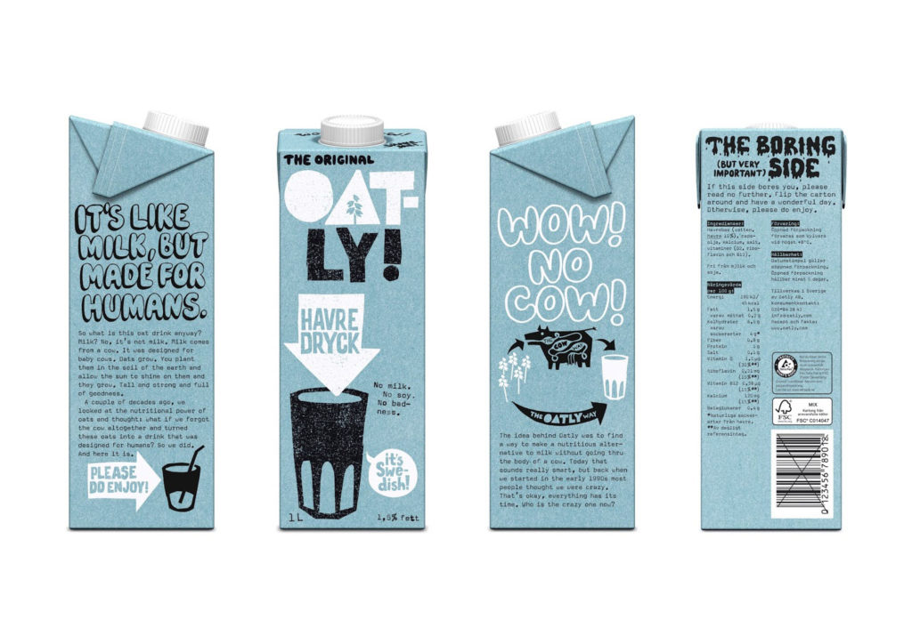 Oatly milk packaging with "boring side"