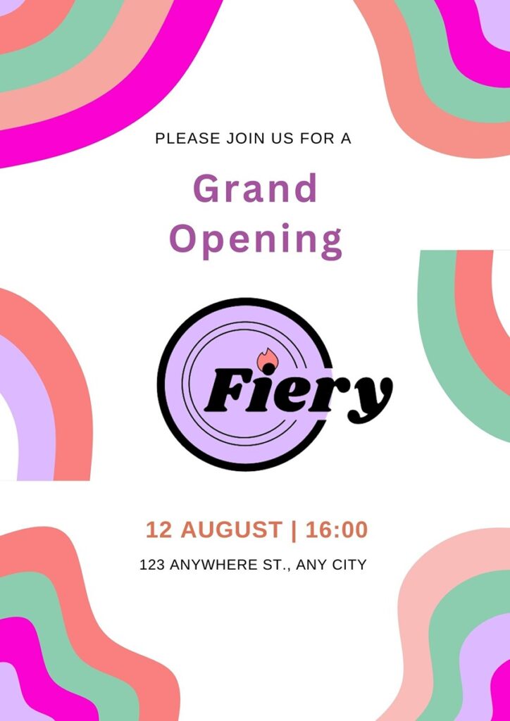 Grand opening flyer for an imaginary business fiery
