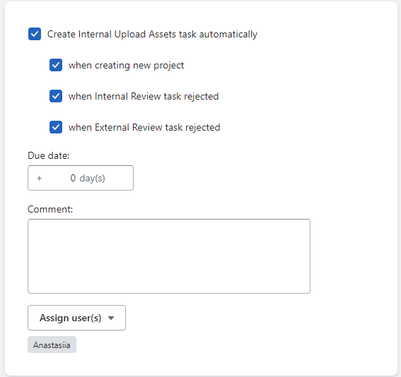 Internal Upload Assets task menu