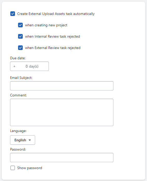 External Upload Assets task menu