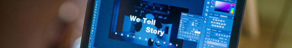 photoshop screen with an image saying "we tell a story"