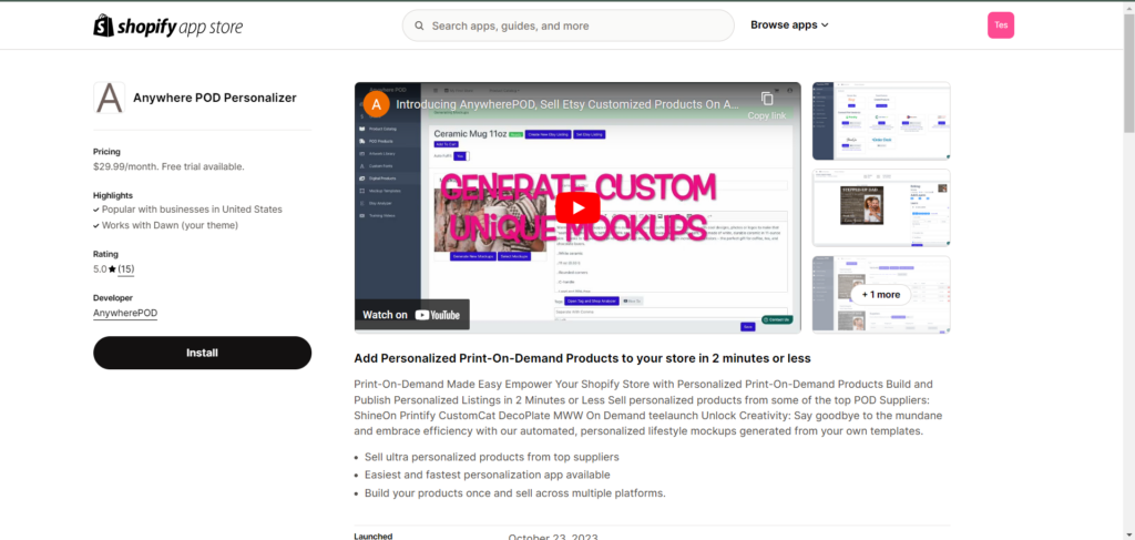 Anywhere POD Personalizer listing in Shopify app store