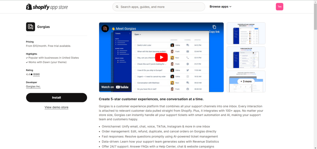 Gorgias listing in Shopify app store 