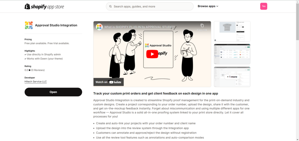Approval studio integration listing in Shopify app store
