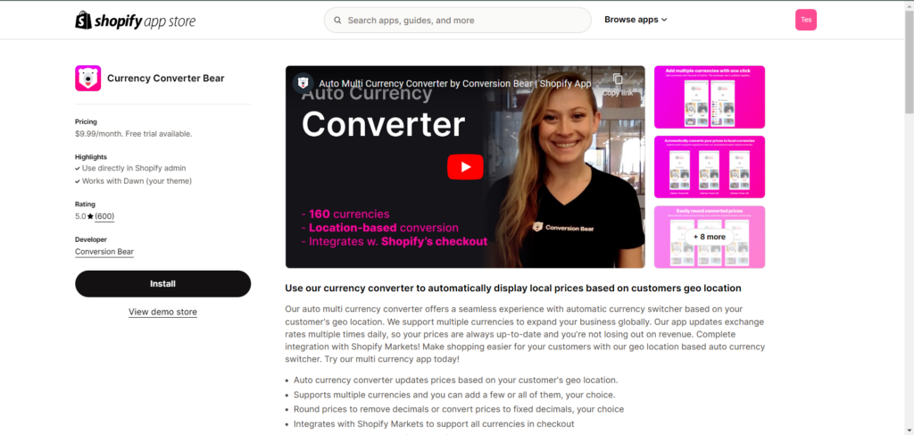 Currency converter bear listing in Shopify app store