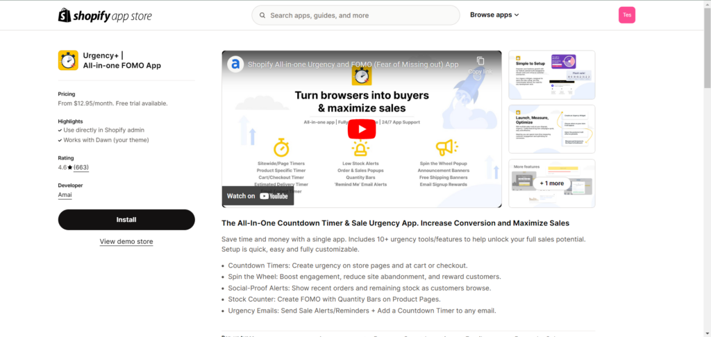 Urgency+ listing in Shopify app store