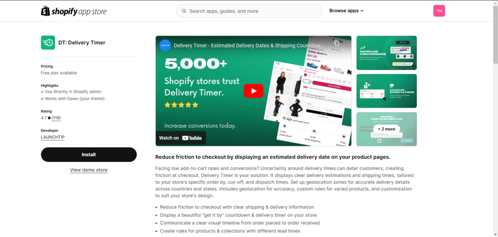 DT: Delivery Time listing in Shopify app store