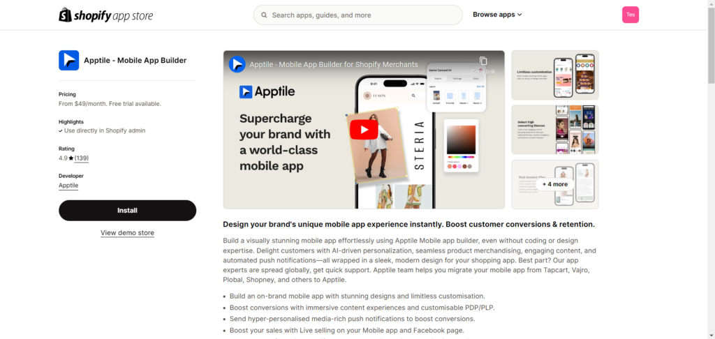 Apptile listing in Shopify app store