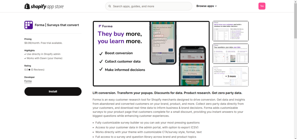 Forma listing in Shopify app store