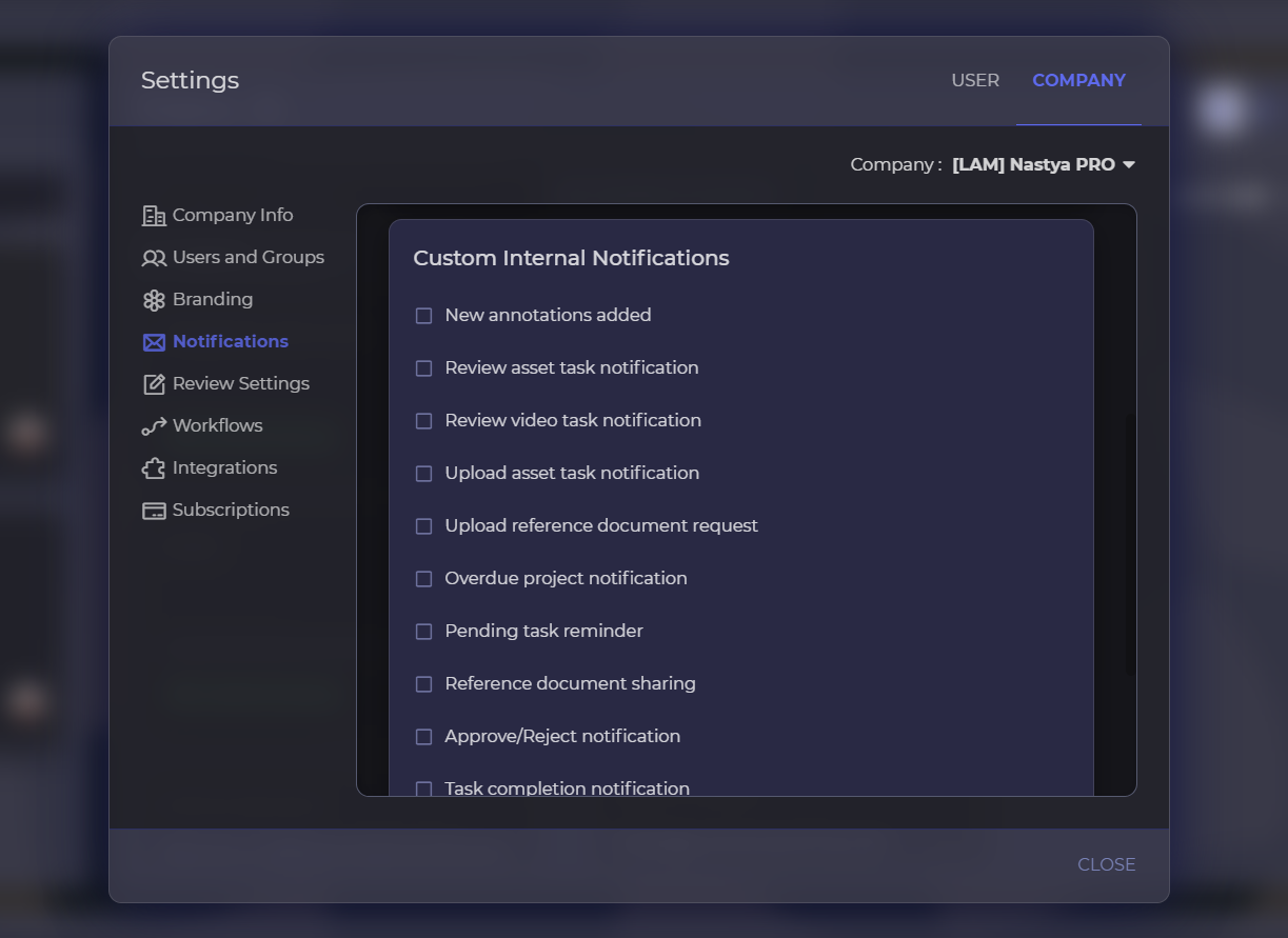 Custom Internal Notifications menu in Company Settings