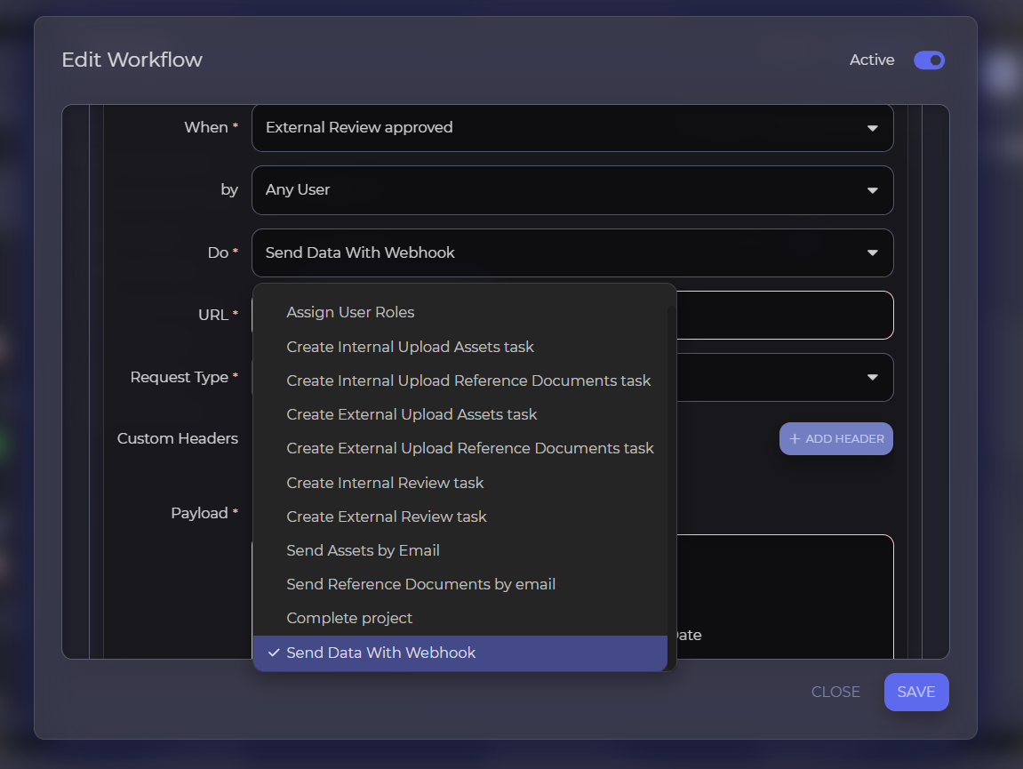 Send data with webhook workflow step in Workflow settings