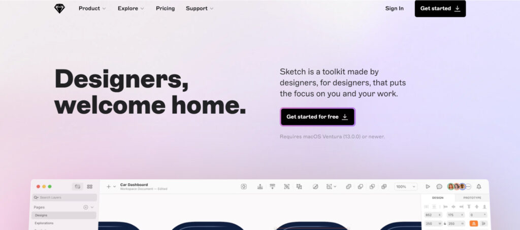 Sketch homepage screen screenshot