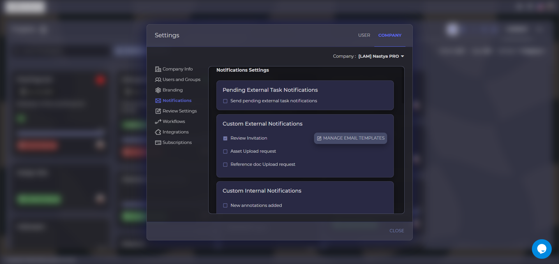 Activa el correo electrónico de invitación personalizado en Approval Studio > Gestión de la empresa > Notificaciones