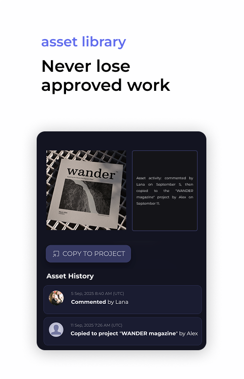 Approved asset in the library with activity history.