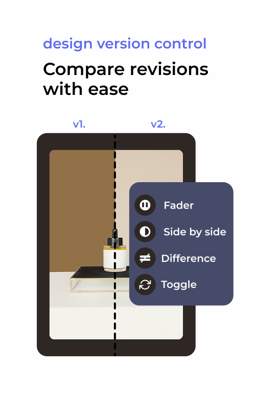 Two design versions compared side by side with four compare mode options.