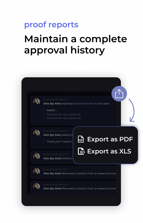 Approval history log with PDF and XLS export.