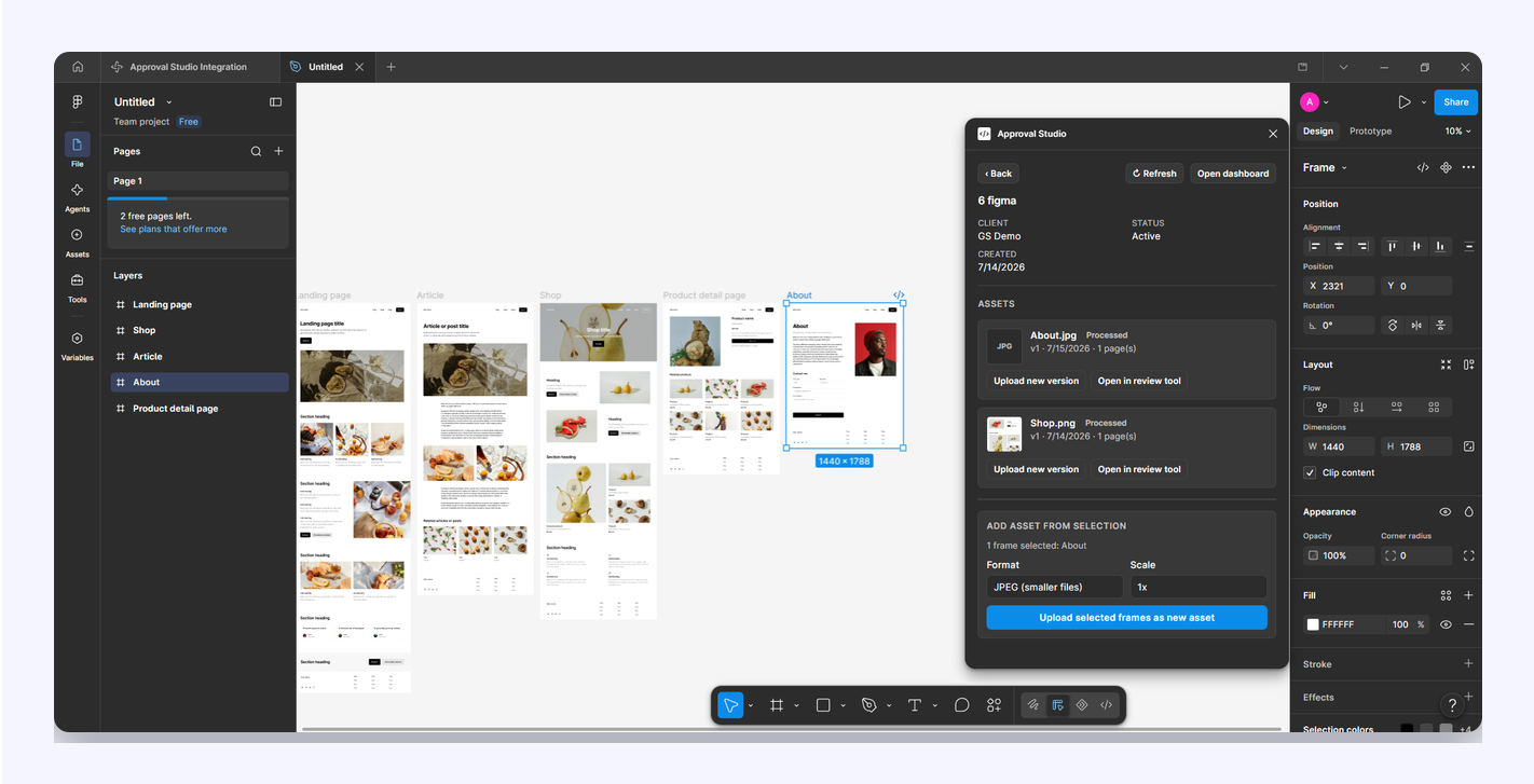 The Approval Studio plugin panel open next to design frames inside the Figma editor