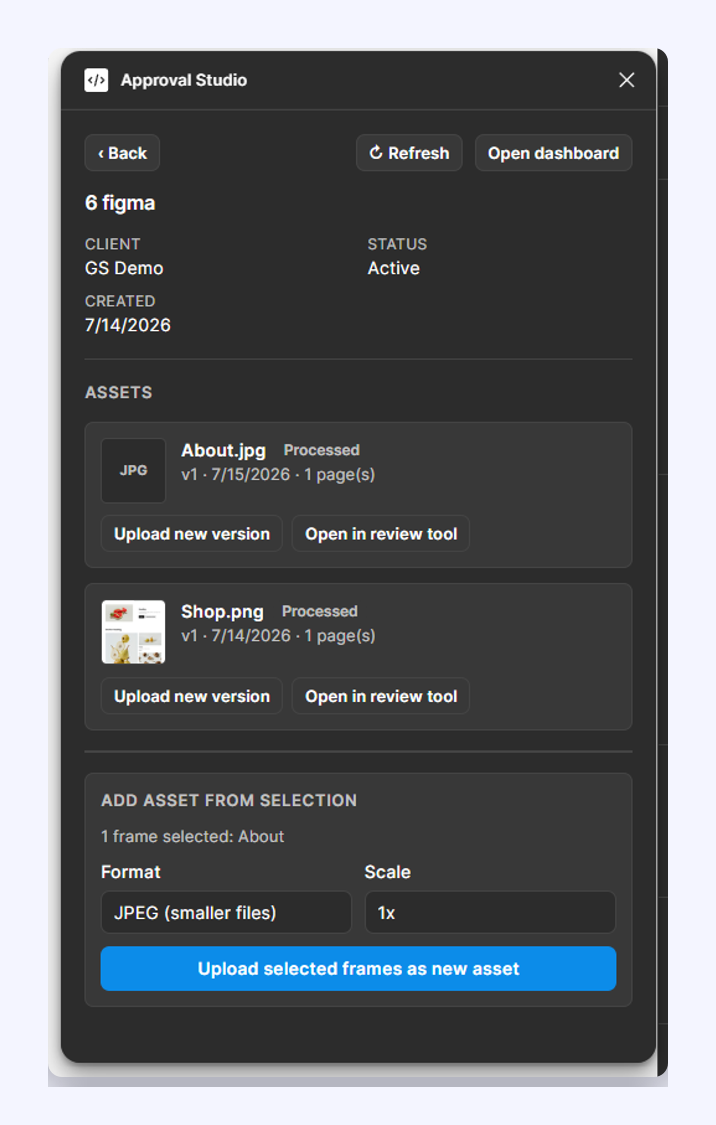 Approval Studio plugin panel showing a project's assets and the upload-from-selection controls