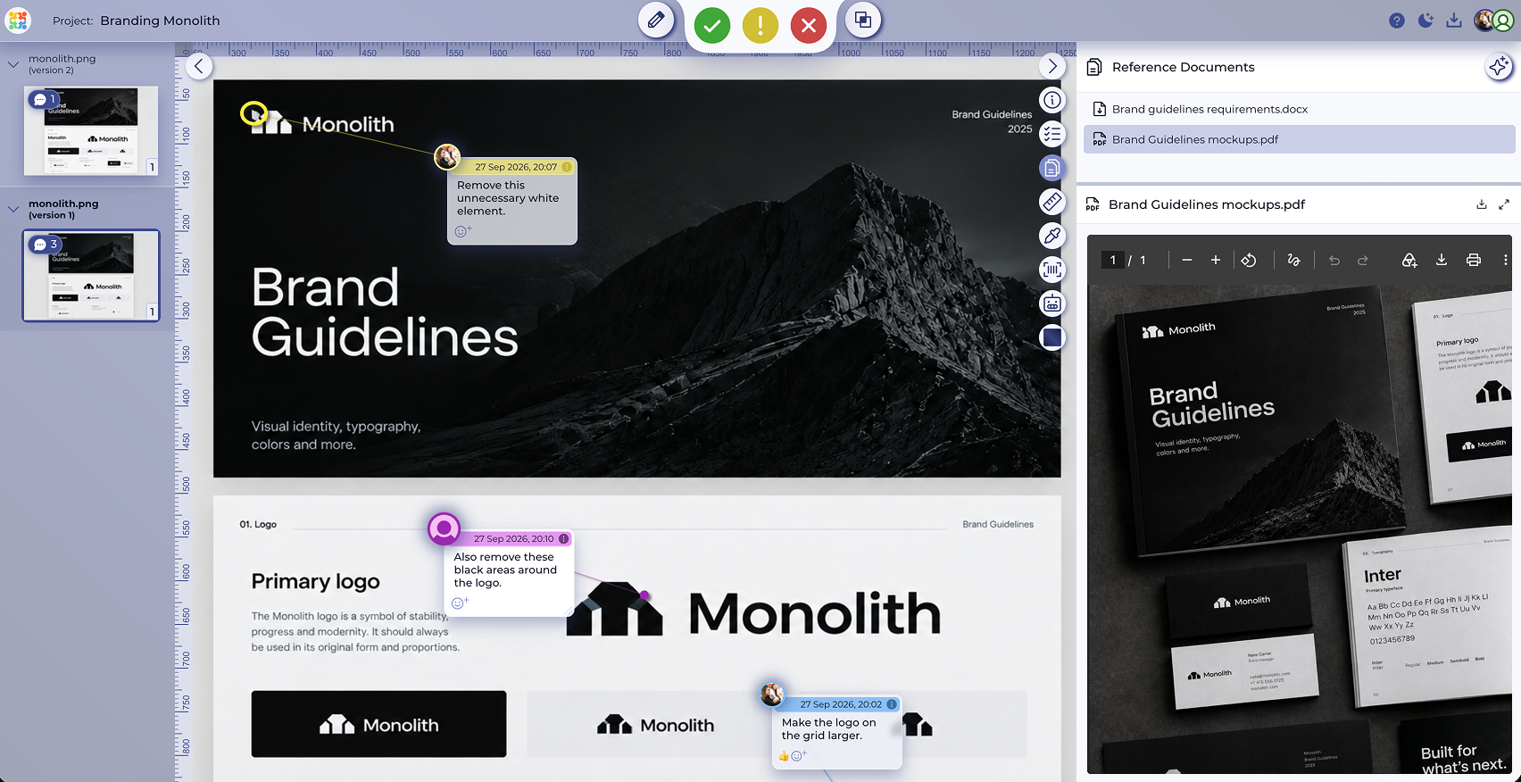 Logo file with pinned reviewer comments and approval status in Approval Studio