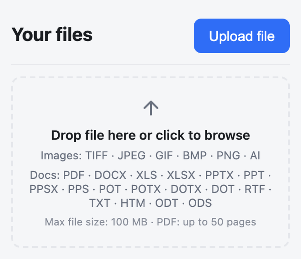 Uploading a file in ExpressReview: drag-and-drop area with supported formats and the 100 MB limit