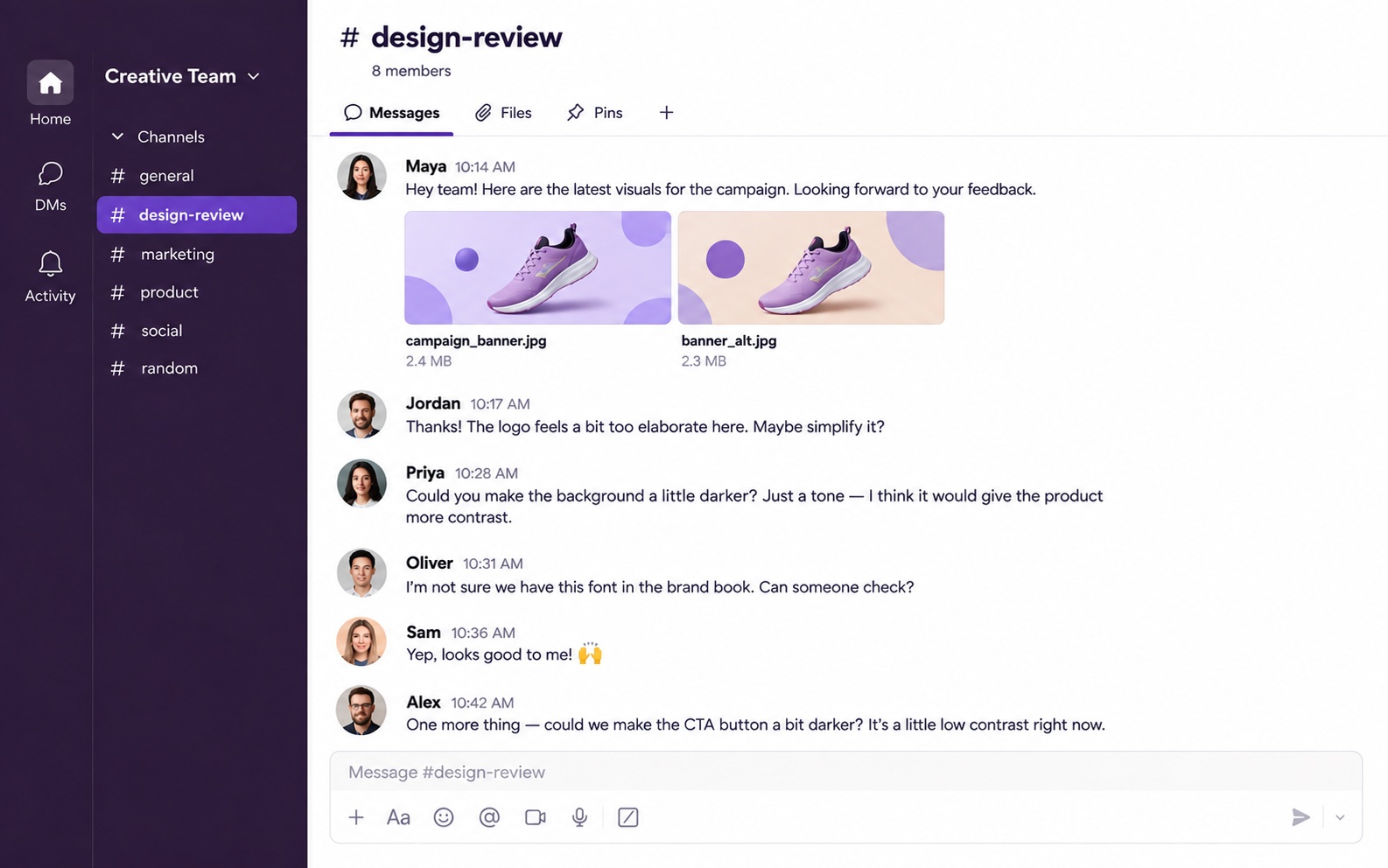 Scattered logo feedback in a Slack thread with no version attached