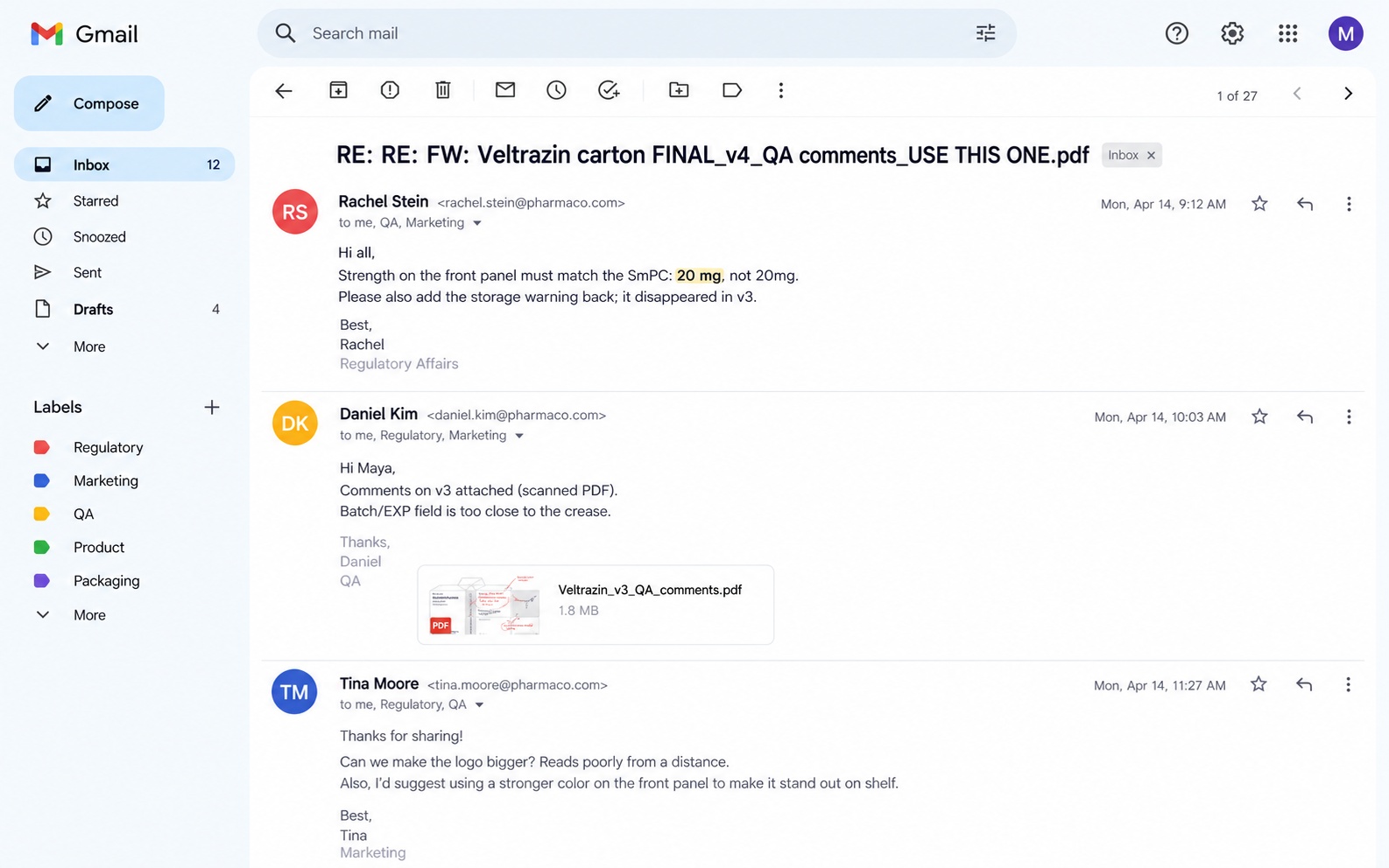 Scattered logo feedback in a Slack thread with no version attached
