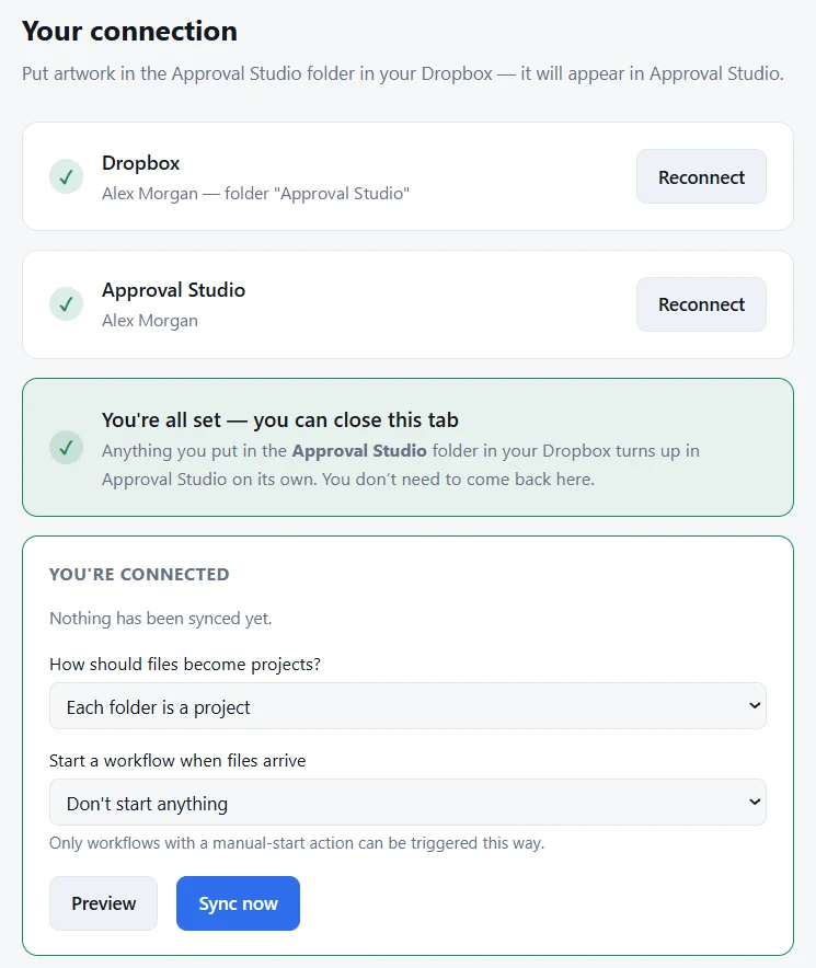 The Dropbox connector with Dropbox and Approval Studio both connected, and settings for how files become projects and which workflow starts