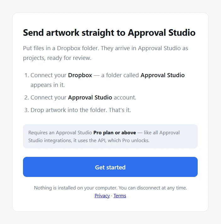 The Approval Studio Dropbox connector start page: connect Dropbox, connect Approval Studio, drop artwork into the folder